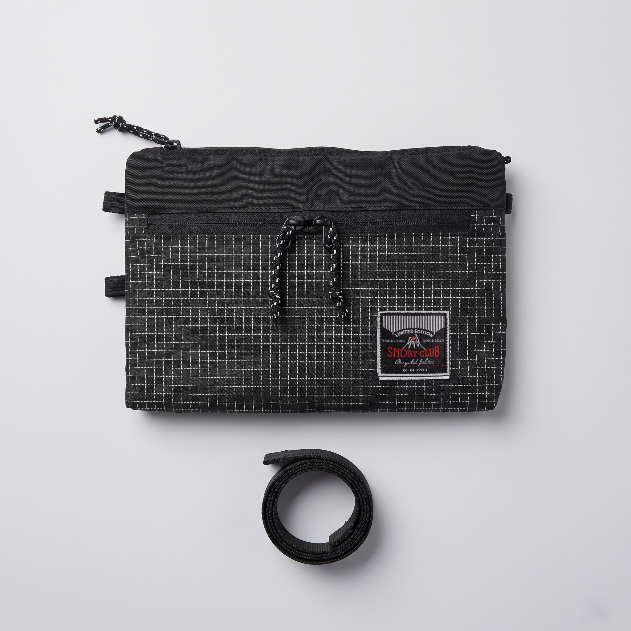 Off-Route sling bag by SNDRY CLUB — black everyday carry and camera sling in recycled ripstop